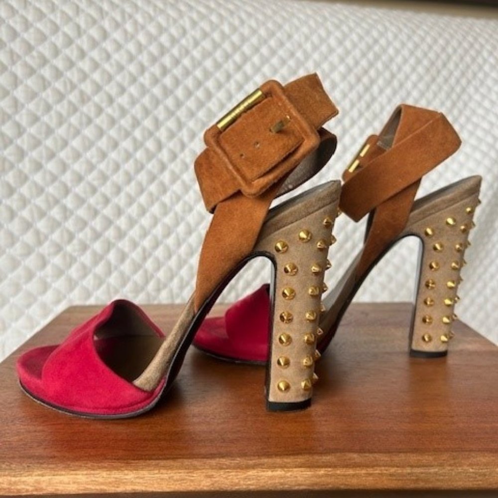 Gucci Tricolor Suede Madison Studded Block Heel Ankle-Strap Sandals Size 36.5